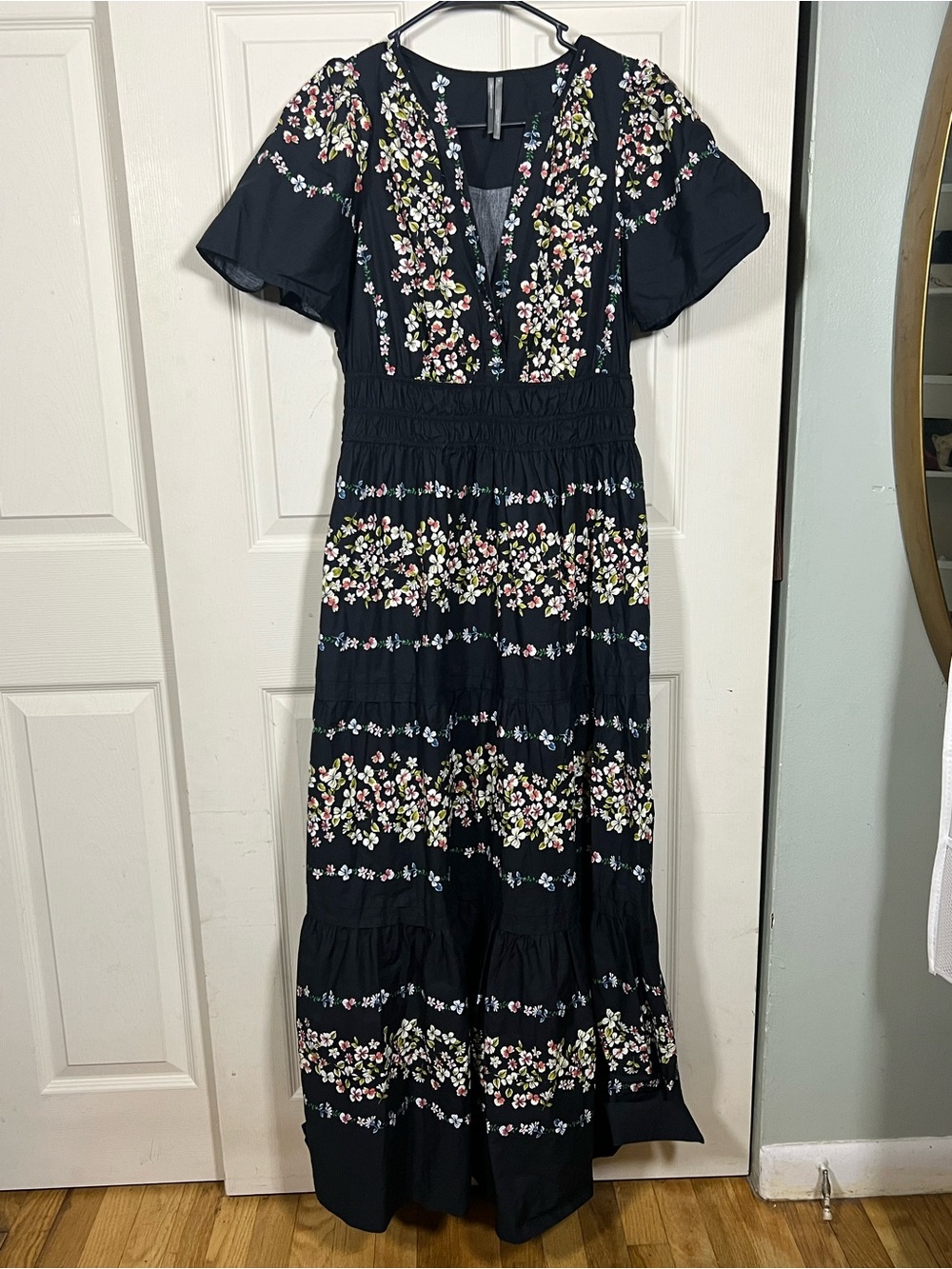Anthropologie Somerset Maxi Dress Black Floral 100% Cotton Smocked Waist Size M - Picture 4 of 7